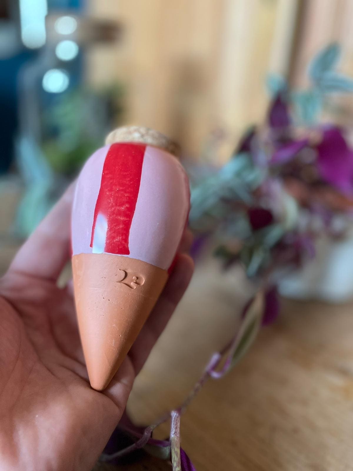 Olla irrigation terre cuite 15cl Pépin rayures rouge rose pour arrosage automatique plantes intérieur